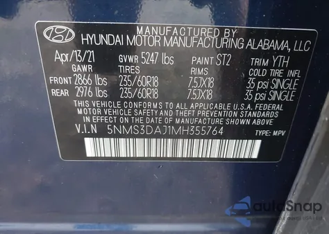 2021 Hyundai Santa Fe Sel from USA, damaged, VIN 5NMS3DAJ1MH355764